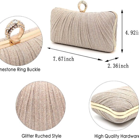 Women Pleated Glitter Evening Clutch Purse with Rhinestone Strap for Party - Picture 2 of 7